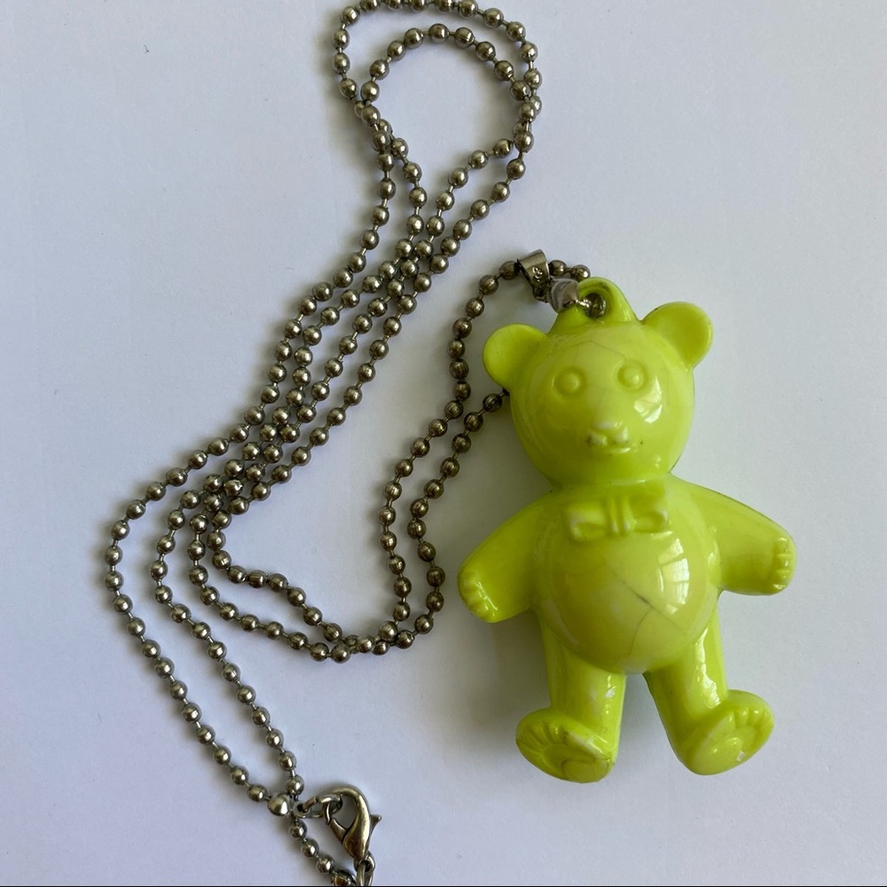 Neon Green Teddy Bear Pendant and Silver Ball Chain Necklace